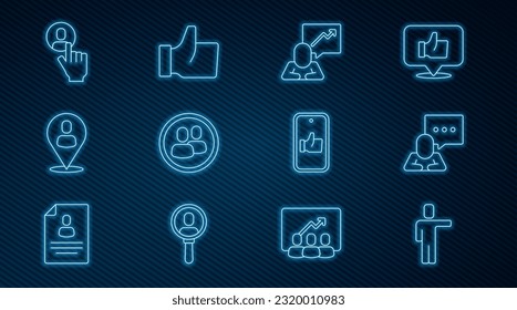 Set line Head hunting, Speech bubble chat, Team leader, Project team base, Worker location, Hand like and  icon. Vector
