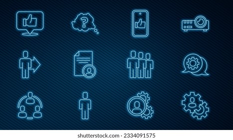 Set line Head hunting, Speech bubble chat, Hand like, Resume, Team leader, Users group and Question mark icon. Vector