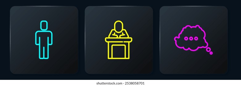Set line Head hunting, Speech bubble chat and Speaker. Black square button. Vector