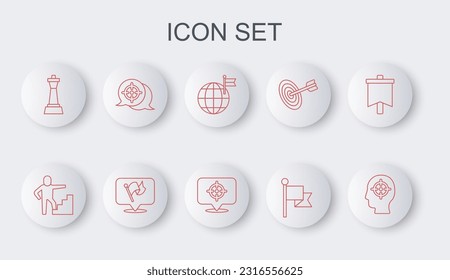 Set line Head hunting, Stair with finish flag, Planet, Flag, Chess, Target,  and  icon. Vector