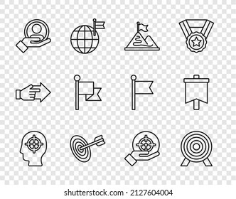 Set line Head hunting, Target, Mountains with flag, Hand for search people, Flag, and icon. Vector