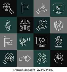 Set line Head hunting, Target with arrow, Shield flag, Mountains, Rocket ship, magnifying glass and Hand holding Earth globe icon. Vector