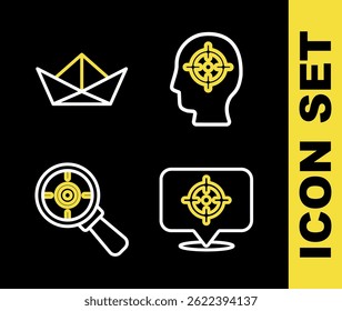 Caza de la cabeza, objetivo, con lupa e icono de barco de papel doblado. Vector