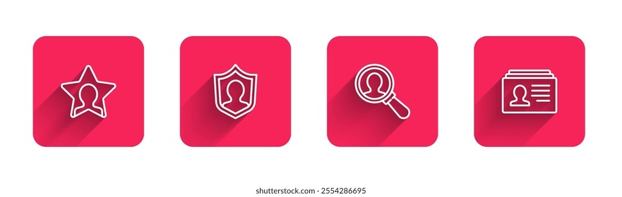 Set line Head hunting, User protection, Magnifying glass for search and Resume with long shadow. Red square button. Vector