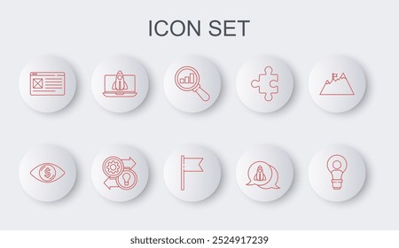 Set line Head with lamp bulb, Eye dollar, Magnifying glass and analysis, Startup project concept, Browser window, Human resources and Location marker icon. Vector