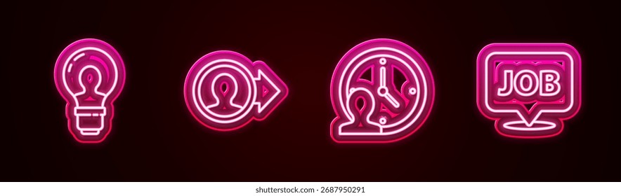 Cabeza de línea con bombilla, pantalla de Cuenta de Create, gestión de tiempo y trabajo de burbuja de voz. Icono de neón brillante. Vector