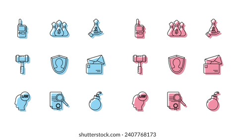 Fijar la cabeza de línea con la ley, la búsqueda de documentos, Walkie talkie, Bomba lista para explotar, la protección del usuario, sobre, gavel del juez e icono de bolsa de dinero. Vector