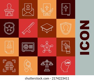 Set line Head with law, Oath on the Holy Bible, User protection, Police rubber baton, badge, Stage stand or debate podium rostrum and Graduation cap icon. Vector