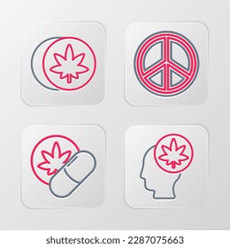 Set line Head with marijuana or cannabis, Herbal ecstasy tablets, Peace and  icon. Vector