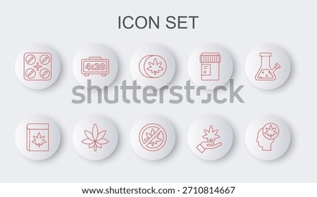Set line Head with marijuana or cannabis, Book and, Herbal ecstasy tablets, Marijuana leaf, Medical pills, Digital alarm clock,  and Stop icon. Vector