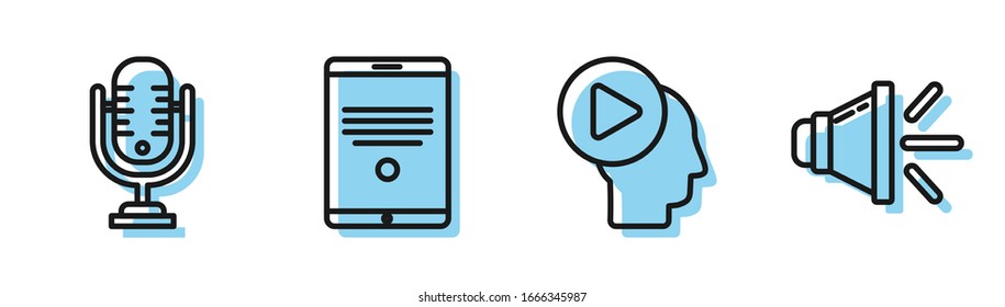 Establecer personas de cabezal de línea con el botón de reproducción, Micrófono, Tablet y volumen del altavoz. Vector