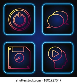 Set line Head people with play button, Floppy disk for computer data storage, Power button and Speech bubble chat. Gradient color icons. Vector
