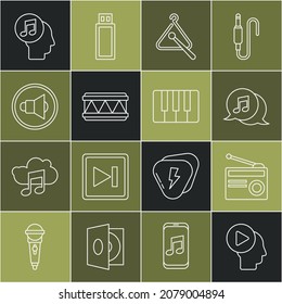 Set line Head people with play button, Radio antenna, Musical note in speech bubble, Triangle musical instrument, Drum, Speaker volume, human head and synthesizer icon. Vector