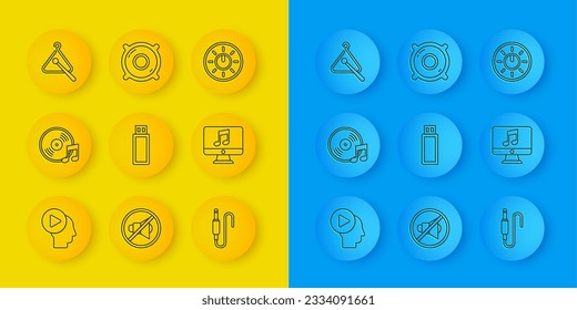 Set line Head people with play button, Vinyl disk, USB flash drive, Audio jack, Computer music note, Triangle musical instrument, Dial knob level technology settings and Stereo speaker icon. Vector