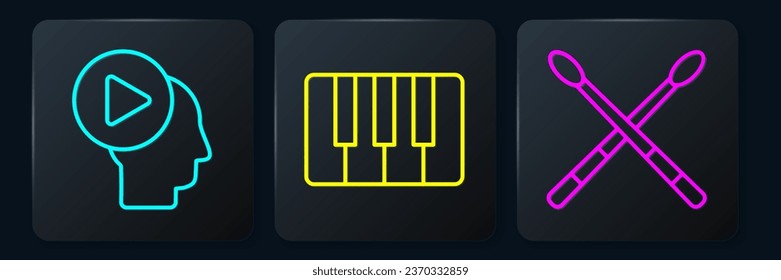 Set line Head people with play button, Drum sticks and Music synthesizer. Black square button. Vector