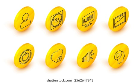 Set line Head people with play button, Speaker volume, Like and heart, Power, Picture landscape, in speech bubble, Vinyl disk and Add friend icon. Vector