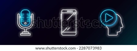 Set line Head people with play button, Microphone and Smartphone, mobile icon. Glowing neon. Vector