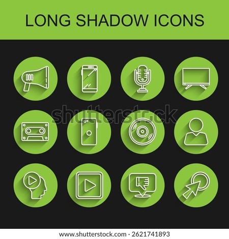 Set line Head people with play button, Play in square, Megaphone, Dislike speech bubble, Arrow cursor, Smartphone, mobile, Add friend and Vinyl disk icon. Vector