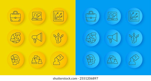 Set Line Head Puzzles Strategie, Weltweit, Megaphon, mit Fragezeichen, Projektteam Basis, Aktenkoffer, finanzielle Wachstum zu erhöhen und Online-Bildung Symbol. Vektorgrafik