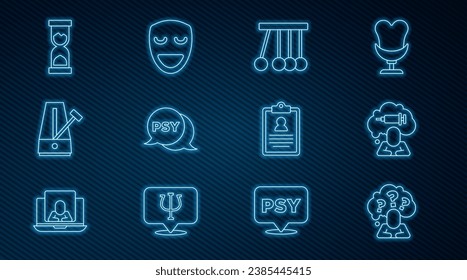 Set line Head with question mark, Addiction to the drug, Pendulum, Psychology, Psi, Metronome pendulum, Old hourglass, Medical clipboard and Comedy theatrical mask icon. Vector