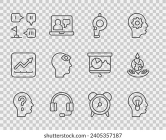 Set line Head with question mark, Human lamp bulb, Whistle, Headphones, Planning strategy, Man third eye, Alarm clock and World expansion icon. Vector