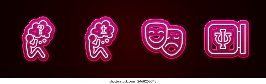 Set line Head with question mark, Man graves funeral sorrow, Comedy and tragedy masks and Psychology, Psi. Glowing neon icon. Vector