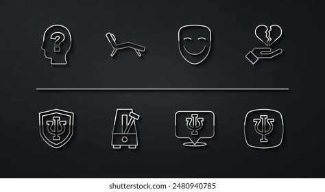 Set line Head with question mark, Psychology, Psi, Broken heart or divorce, Metronome pendulum, Armchair,  and Comedy theatrical mask icon. Vector