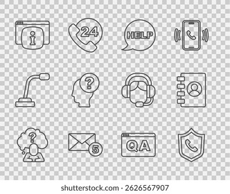 Set line Head with question mark, Telephone 24 hours support, Speech bubble text Help, New, email incoming message, Monitor FAQ information, Question and Answer and Address book icon. Vector