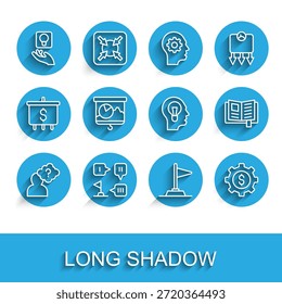 Cabeza de línea con signo de interrogación, estrategia de planificación, bombilla, bandera, dólar de engranaje, gráfico de pizarra, libro de lectura e icono de lámpara humana. Vector