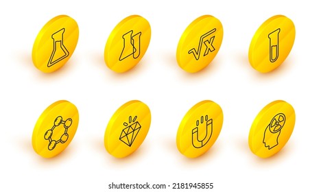 Set line Head and radiation symbol, Magnet, Diamond, Molecule, Test tube flask, Square root of x glyph,  and  icon. Vector