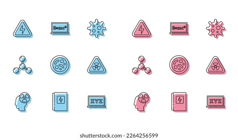 Set line Head and radiation symbol, Electrical panel, High voltage, XYZ Coordinate system, Bacteria, Triangle with, Molecule and Equation solution icon. Vector