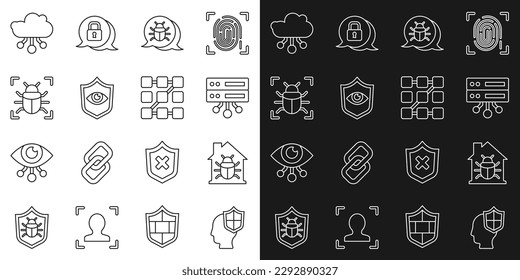 Set line Head with shield, House system bug, Server, Data, Web Hosting, System, Shield and eye, Internet of things and Graphic password protection icon. Vector