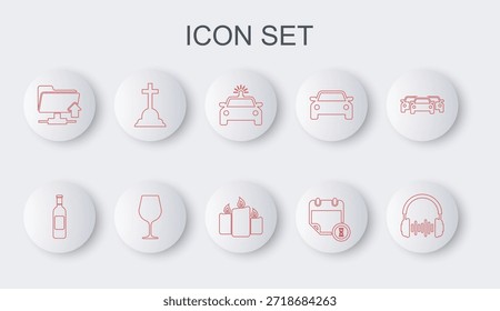 Auriculares y ondas de sonido, botella de vino, intermitente de coche de policía, reloj de calendario, Cargar de carpetas FTP, lápida con cruz, copa de vino e icono de velas en llamas. Vector