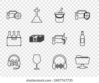 Set line Headphone for support, FTP folder, Bottle of wine in bucket, Wine glass, Car service, Paper money dollars cash, and sound waves and  icon. Vector