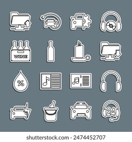 Set line Headphone for support, Headphones, FTP folder download, Car service, Bottle of wine, Bottles box, upload and Burning candle candlestick icon. Vector