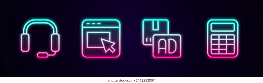 Set line Headphones, Advertising,  and Calculator. Glowing neon icon. Vector