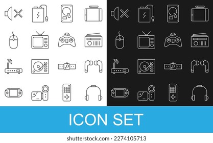 Set line Headphones, Air headphones, Radio with antenna, Hard disk drive HDD, Retro tv, Computer mouse, Speaker mute and Wireless gamepad icon. Vector