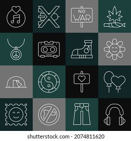 Set line Headphones, Balloons, Flower, No war, Retro audio cassette tape, Necklace with peace symbol, Vinyl disk and Sneakers icon. Vector