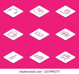 Set line Headphones, Bottles of wine in wooden box, Birthday party horn, Wooden beer mug, Crown, Retro audio cassette tape,  and Cake icon. Vector