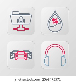 Set line Headphones, Cars, Water drop percentage and FTP folder upload icon. Vector