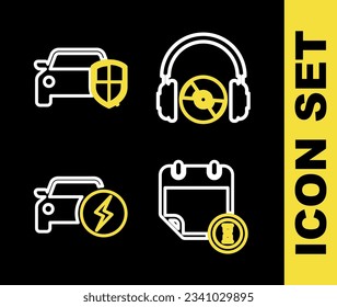 Set line Headphones and CD or DVD, Calendar clock, Electric car and Car protection insurance icon. Vector