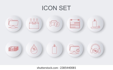 Set line Headphones and CD or DVD, Paper money dollars cash, Electric car, FTP sync refresh, folder, Bottles of wine in box, Water drop percentage and Burning candle icon. Vector