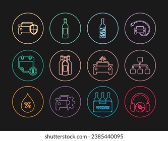 Set line Headphones and CD or DVD, Hierarchy organogram chart, Bottle of wine, Bottles, Calendar clock, Car protection insurance, Police car flasher and  icon. Vector
