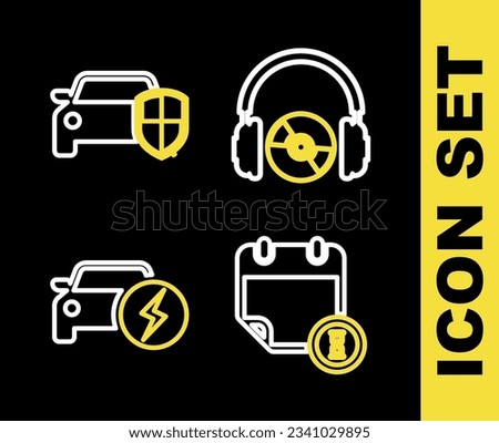 Set line Headphones and CD or DVD, Calendar clock, Electric car and Car protection insurance icon. Vector