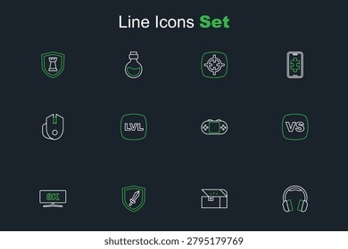 Set line Headphones, Chest for game, Sword, Computer monitor, VS Versus battle, Portable video console, Level and mouse icon. Vector