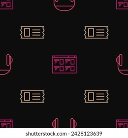 Set line Headphones, Cinema ticket and Online play video on seamless pattern. Vector