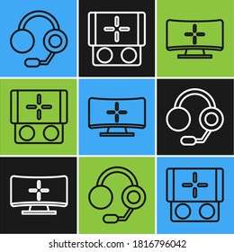 Set line Headphones, Computer monitor and Portable video game console icon. Vector