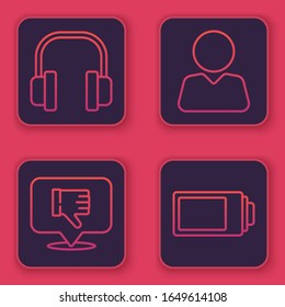Set line Headphones, Dislike in speech bubble, Add to friend and Battery charge level indicator. Blue square button. Vector