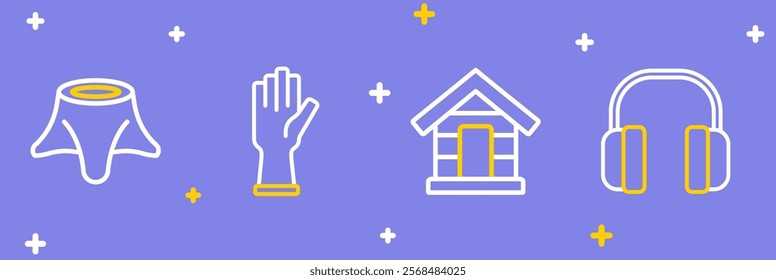 Set line Headphones, Dog house, Protective gloves and Tree stump icon. Vector