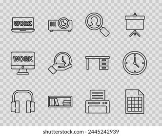 Establecer línea Auriculares, Documento de archivo, Lupa para buscar personas, Estante con libros, Trabajo de texto portátil, Reloj, Impresora e icono. Vector